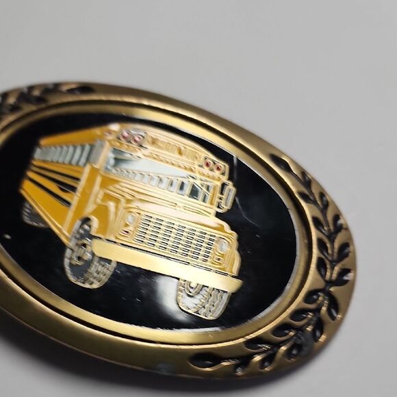 Yellow School Bus 1980s Solid Brass Vintage Belt Buckle - Picture 3 of 6